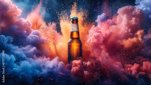 Dynamic Beer Bottle with Colorful Powder Clouds for Oktoberfest photo