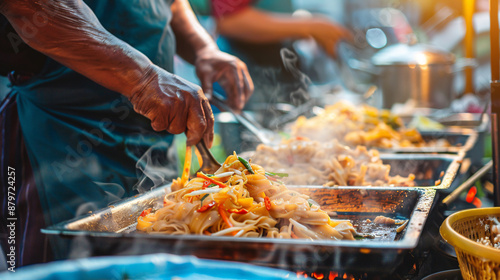 Pad Thai street food being prepared in a large hot wok with chopsticks