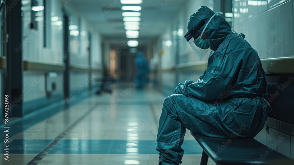 A healthcare professional in full protective gear rests on a bench in a hospital hallway, highlighting the challenges faced during pandemic times. A healthcare professional in full protective gear rests on a bench in a hospital hallway, highlighting the challenges faced during pandemic times.