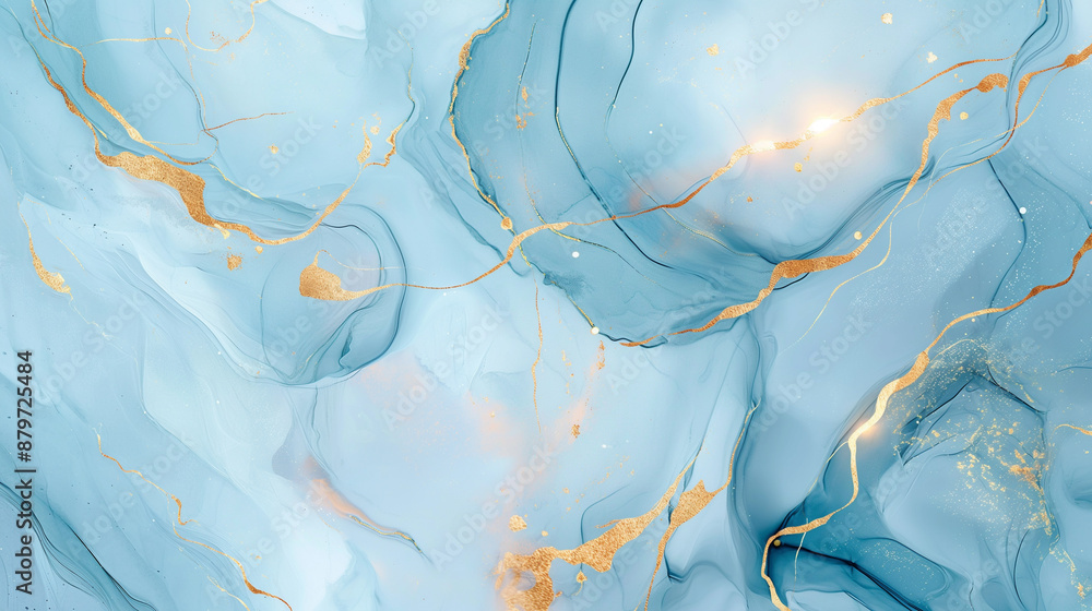 Fototapeta premium Abstract light blue and white marble background with golden lines