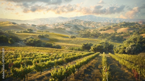 Vast vineyard landscape with rolling hills and sky