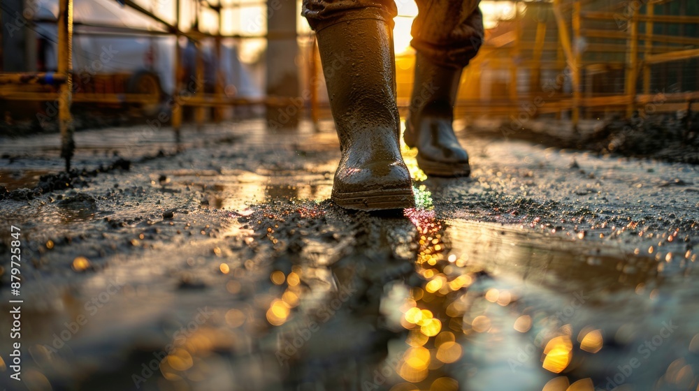 Worker's muddy boots on a wet construction site Worker's muddy boots on a wet construction site