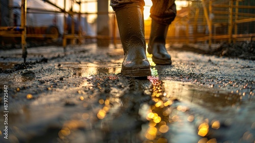 Worker's muddy boots on a wet construction site