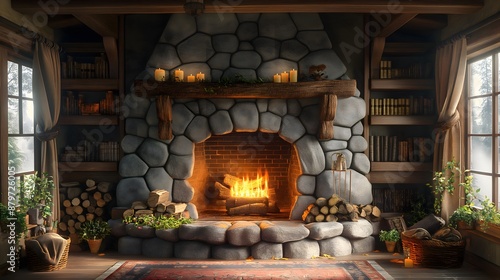 Fireplace Made Of Stone Blocks. Illustration On The Theme Of Interiors, Lifestyle, Warmth And Comfort. Generative AI