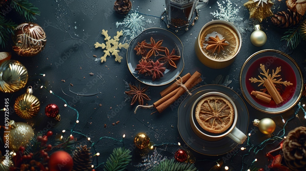 Menu concept with hot beverages and festive decor on table new year theme Menu concept with hot beverages and festive decor on table new year theme