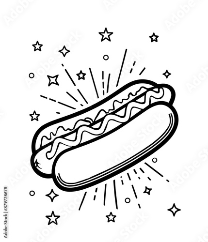 Hotdog in a bun, kids coloring page, transparent illustration.
