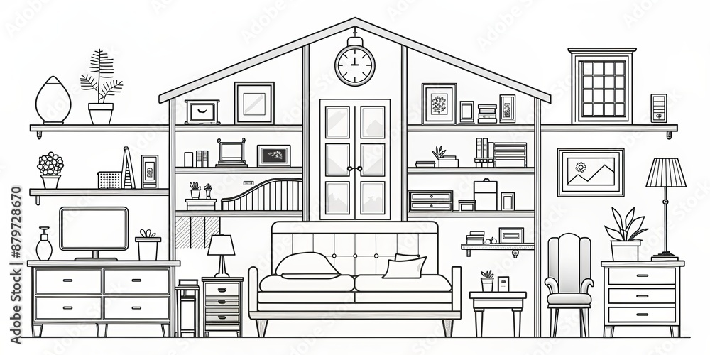 Obraz premium Modern Minimalist Living Room Illustration - Black and White Line Art, Outline Drawing, Home Decor, Interior Design, Furniture ,line art , interior design , home decor , living room