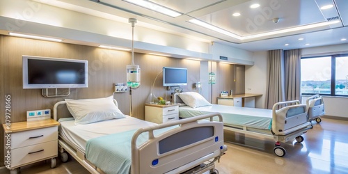 Modern Hospital Room with Two Beds, Interior Design, Clean, Bright, Two Beds, hospital room, healthcare, medical, sterile, modern
