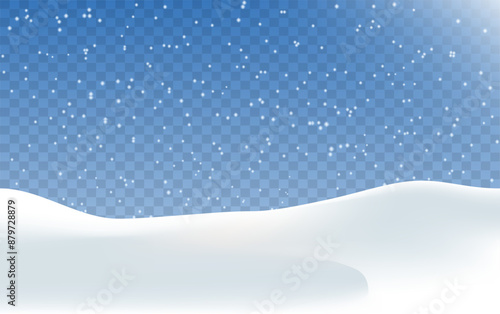 Snow realistic landscape background with snowfall and snowflakes. Vector