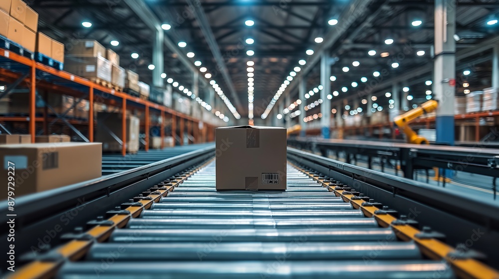 Fototapeta premium Automated warehouse with conveyor belts and robotic arms handling packages for distribution.