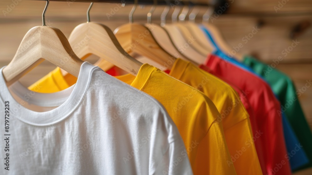 Obraz premium Colorful t-shirts on hangers, close-up view.