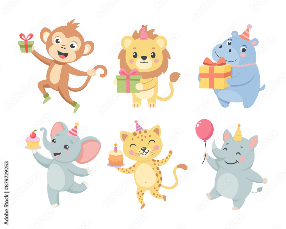 Childrens cute animal set. Birthday greetings, baby animals with party hats, cakes, gift boxes, balloons. Illustrations for birthday party, cards Childrens cute animal set. Birthday greetings, baby animals with party hats, cakes, gift boxes, balloons. Illustrations for birthday party, cards