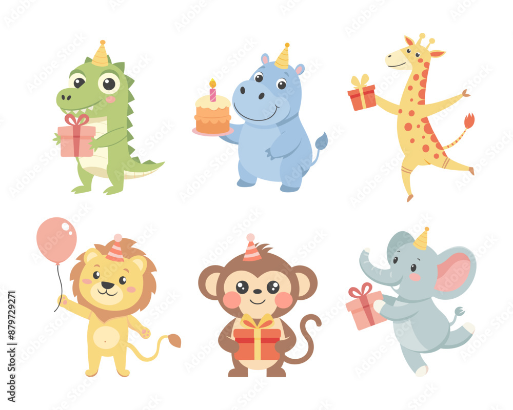 Naklejka premium Childrens cute animal set. Birthday greetings, baby animals with party hats, cakes, gift boxes, balloons. Illustrations for birthday party, cards 