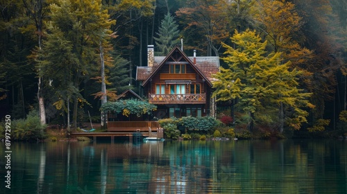 Beautiful Lake House Surrounded By Autumn Forest Reflections