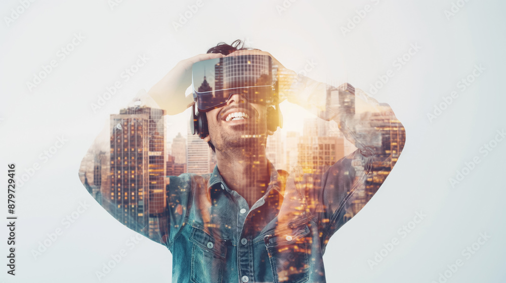 Double exposure of young man enjoys an immersive VR experience with a city skyline, highlighting the transformative power of virtual reality. Double exposure of young man enjoys an immersive VR experience with a city skyline, highlighting the transformative power of virtual reality.