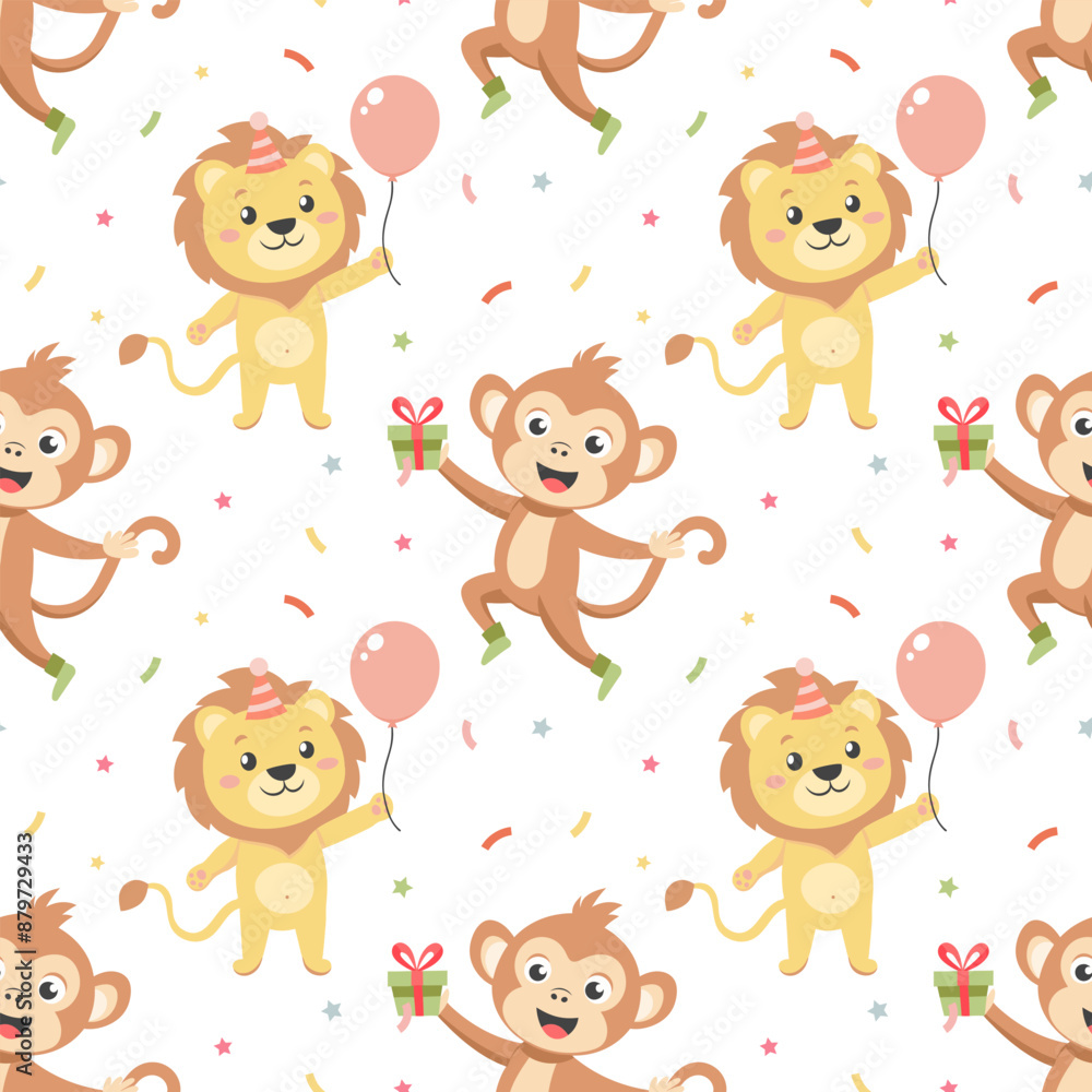 Festive seamless pattern, cute baby African animals in festive hats, gift boxes, balloons and confetti. Background for birthday party. Packaging, textiles Festive seamless pattern, cute baby African animals in festive hats, gift boxes, balloons and confetti. Background for birthday party. Packaging, textiles