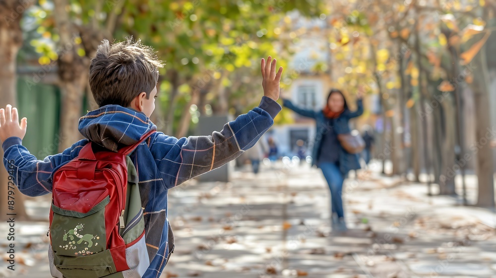 A boy running towards the camera with open arms to hug his mother on an autumn day in Spain. High resolution. A boy running towards the camera with open arms to hug his mother on an autumn day in Spain. High resolution.