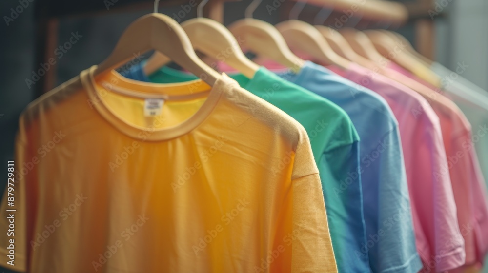 Obraz premium Colorful t-shirts on hangers, close-up view.