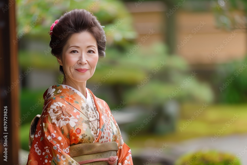 An elderly Japanese woman smiles warmly, dressed in a vibrant floral kimono, standing in a tranquil Japanese garden setting.
An elderly Japanese woman smiles warmly, dressed in a vibrant floral kimono, standing in a tranquil Japanese garden setting.