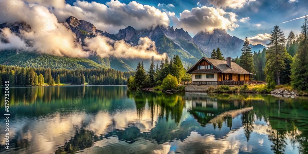 Fototapeta premium Serene Mountain Cabin Reflection in a Pristine Lake, Mountain Reflection, Lake Reflection, Cabin in the Woods, Mountain Landscape