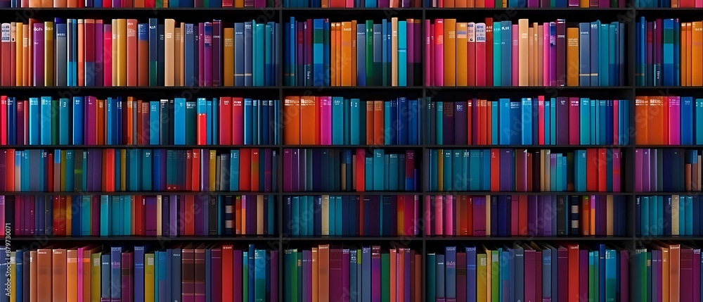 Library wall filled with colorful books against a dark background, with space for text. Photorealistic style. Library wall filled with colorful books against a dark background, with space for text. Photorealistic style.