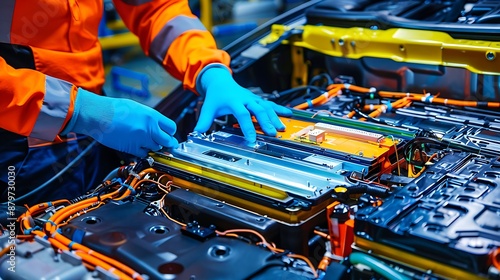 Worker repairing an electric vehicle battery with blue gloves. Hyper-realistic, high-resolution photo. © antusher