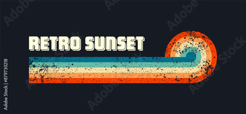 Grunge horizontal vintage sunsets. Various colorful striped sunrise badges in 80s and 90s style. Sun and ocean view, summer vibes, surfing. Design element, print, logo or t-shirt. Vector illustration