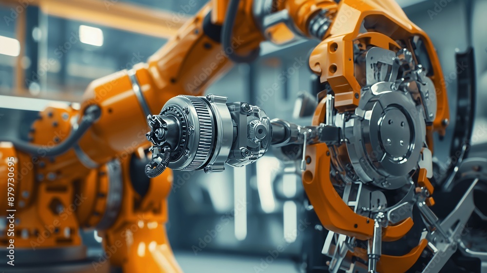 Orange robotic arm working on manufacturing assembly in a high-tech industrial setting. Orange robotic arm working on manufacturing assembly in a high-tech industrial setting.