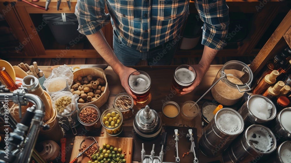 A man meticulously brews beer in a cozy homebrew setup, showcasing skill and passion with neat ingredients. A man meticulously brews beer in a cozy homebrew setup, showcasing skill and passion with neat ingredients.
