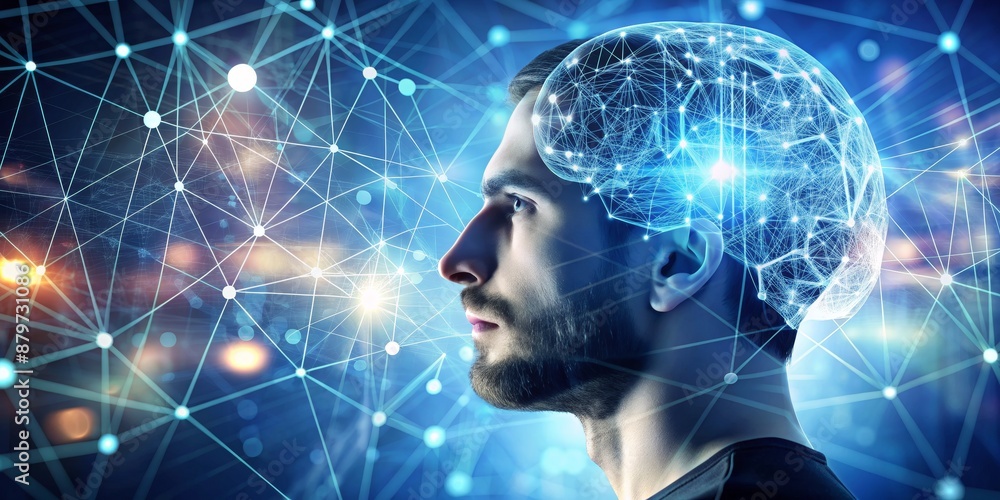 The Networked Mind A Man's Profile with a Glowing Brain, Networked Connections, and Blue Background, Neural Network The Networked Mind A Man's Profile with a Glowing Brain, Networked Connections, and Blue Background, Neural Network