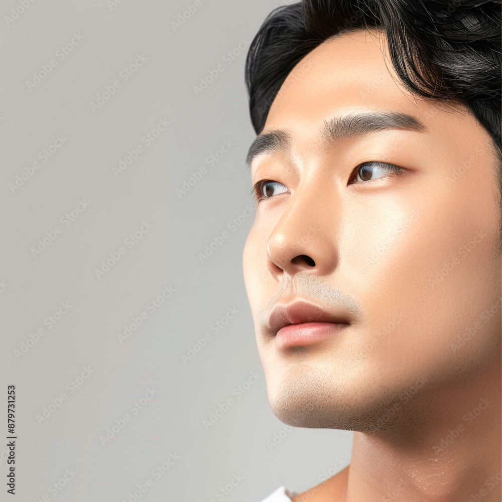 A close-up of a Korean man's face, highlighting smooth skin and beauty A close-up of a Korean man's face, highlighting smooth skin and beauty