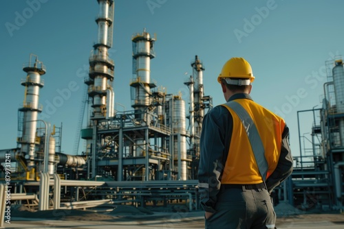 Back view of worker engineer in uniform and yellow hard hat looking at industrial refinery oil and gas plant