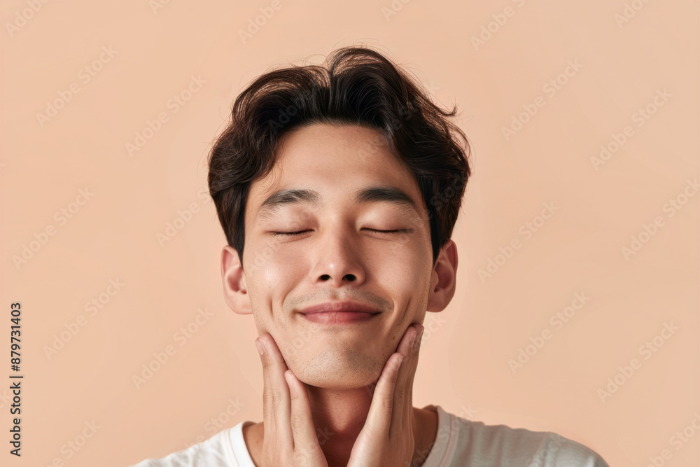 A relaxed Korean man in his 30s experiencing a soothing facial massage, part of his skincare regimen A relaxed Korean man in his 30s experiencing a soothing facial massage, part of his skincare regimen