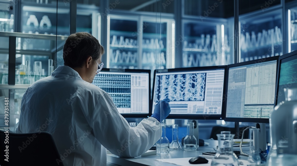 Scientist in lab analyzing data on multiple monitors surrounded by scientific equipment. Scientist in lab analyzing data on multiple monitors surrounded by scientific equipment.