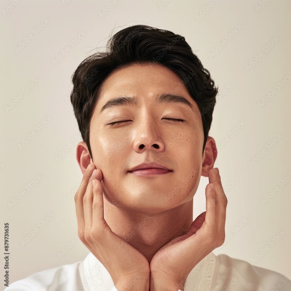 A Korean man in his 30s enjoying a facial massage, with a serene expression and closed eyes A Korean man in his 30s enjoying a facial massage, with a serene expression and closed eyes