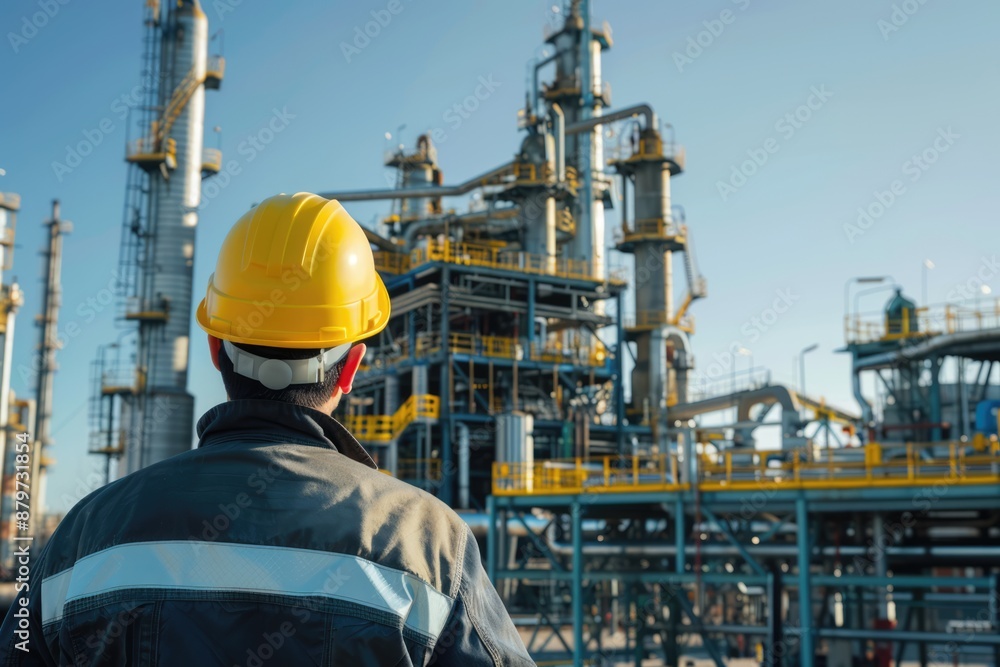 Back view of worker engineer in uniform and yellow hard hat looking at industrial refinery oil and gas plant Back view of worker engineer in uniform and yellow hard hat looking at industrial refinery oil and gas plant