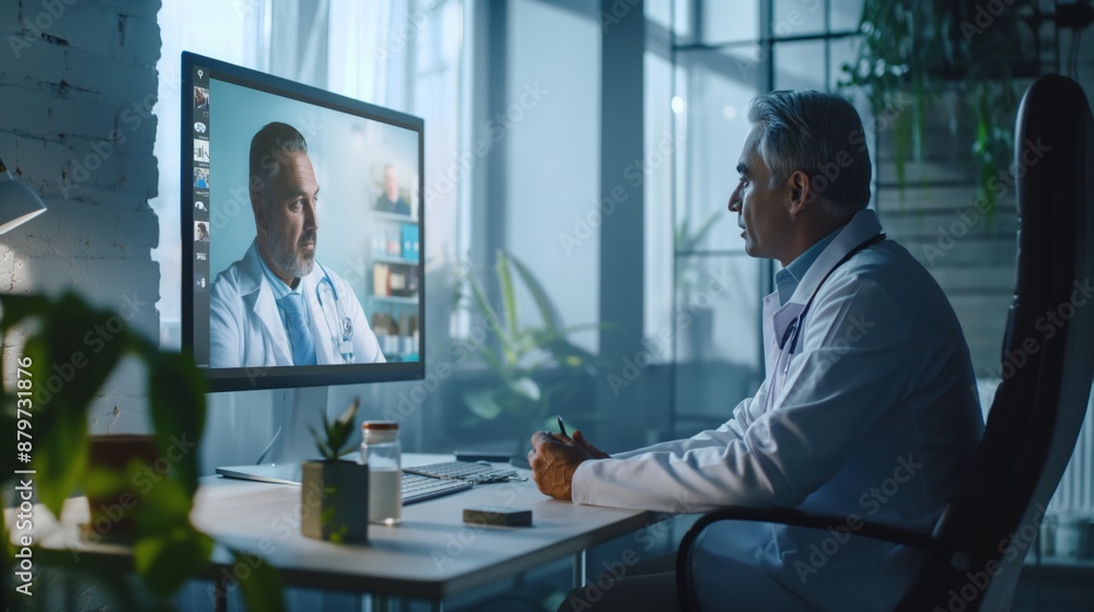 Online medical consultation between two doctors via video call on a large monitor in a modern office. Online medical consultation between two doctors via video call on a large monitor in a modern office.