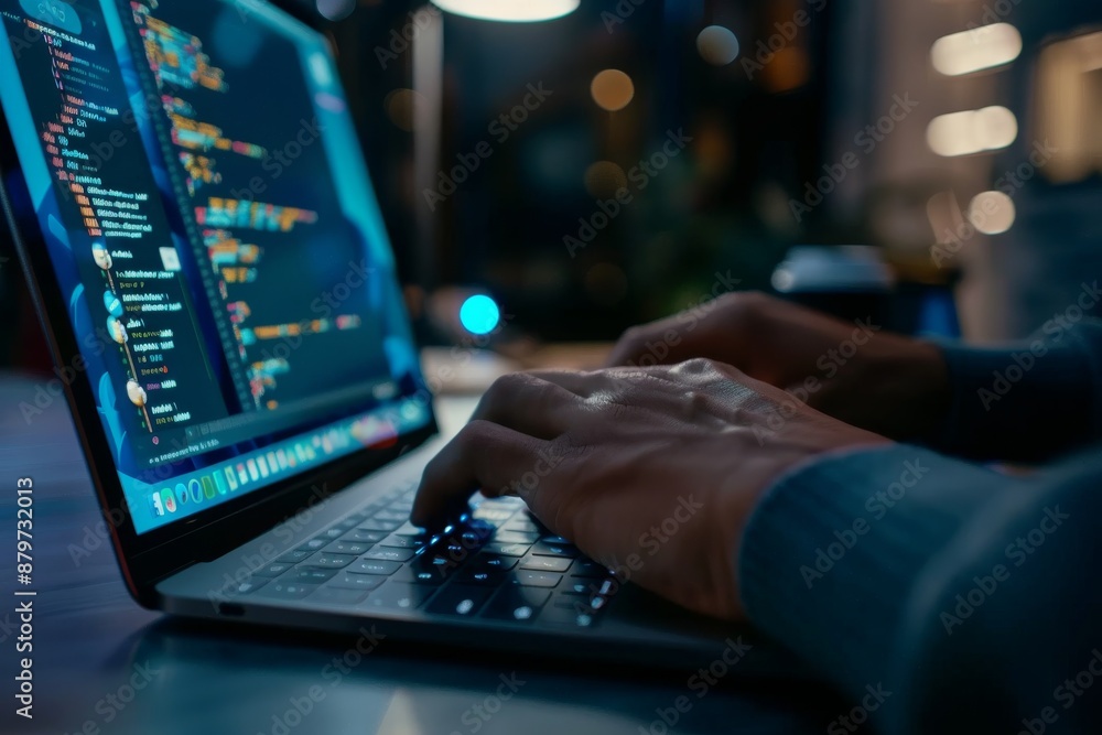 A close-up shot from a low angle of a developer's hands typing on a sleek laptop keyboard in a dimly lit room. The screen displays code, highlighting their work A close-up shot from a low angle of a developer's hands typing on a sleek laptop keyboard in a dimly lit room. The screen displays code, highlighting their work
