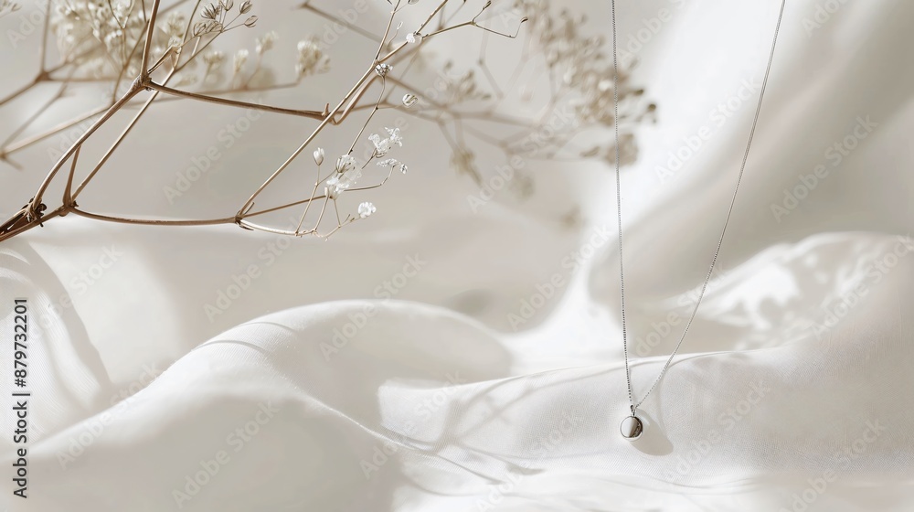 A clean and simple setup featuring a thin silver necklace with a minimalist pendant, against a white backdrop A clean and simple setup featuring a thin silver necklace with a minimalist pendant, against a white backdrop