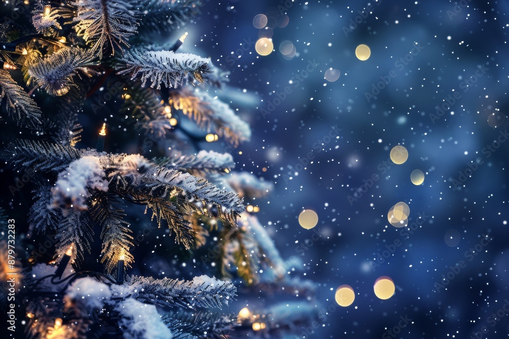 A close-up shot of a snow-covered Christmas tree with twinkling lights against a dark blue sky. Snowflakes fall gently, creating a magical winter scene A close-up shot of a snow-covered Christmas tree with twinkling lights against a dark blue sky. Snowflakes fall gently, creating a magical winter scene