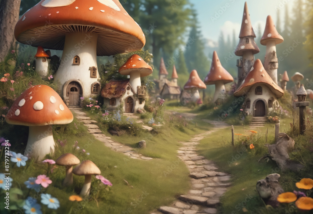 Obraz premium A fairytale village in forest. Fantasy city with mushroom houses on meadow with flowers, wood and grass