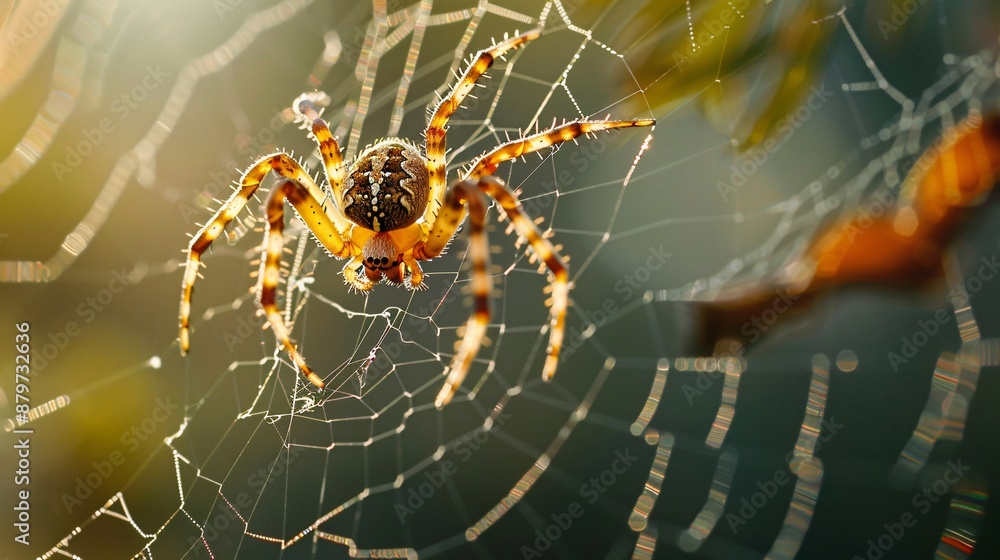 A close up shot of a spider weaving its web, showing the fine details of its legs and web strands A close up shot of a spider weaving its web, showing the fine details of its legs and web strands