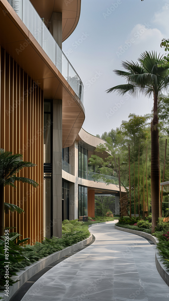 main entrance of a modern building made up of curved concrete walls, surrounded with wood slats and steel beams, palm trees and green foliage main entrance of a modern building made up of curved concrete walls, surrounded with wood slats and steel beams, palm trees and green foliage