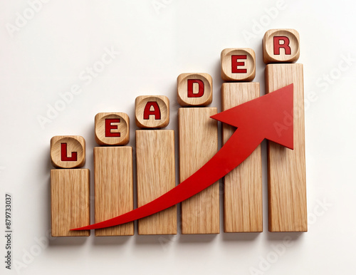 3d render illustration of a wooden block with text word LEADERSHIP arranged in a growing increasing vertical column along with rising upward arrow