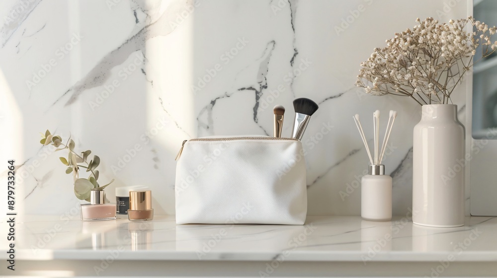 A minimalist vanity table with just a single, chic makeup bag slightly open, revealing a few essentials A minimalist vanity table with just a single, chic makeup bag slightly open, revealing a few essentials