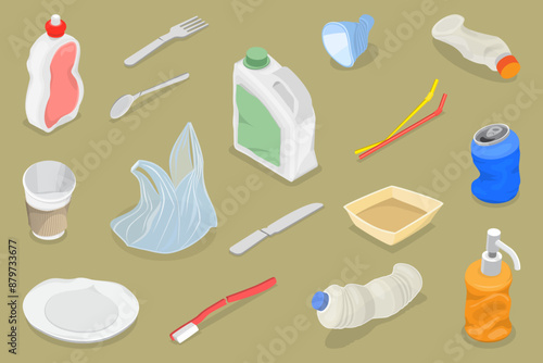3D Isometric Flat Vector Set of Plastic Waste