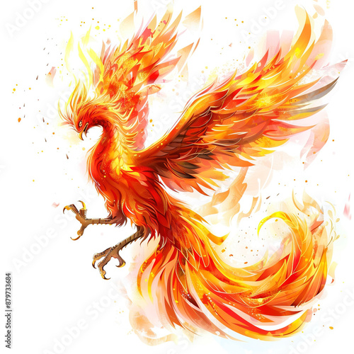 Illustration of a burning phoenix bird white background