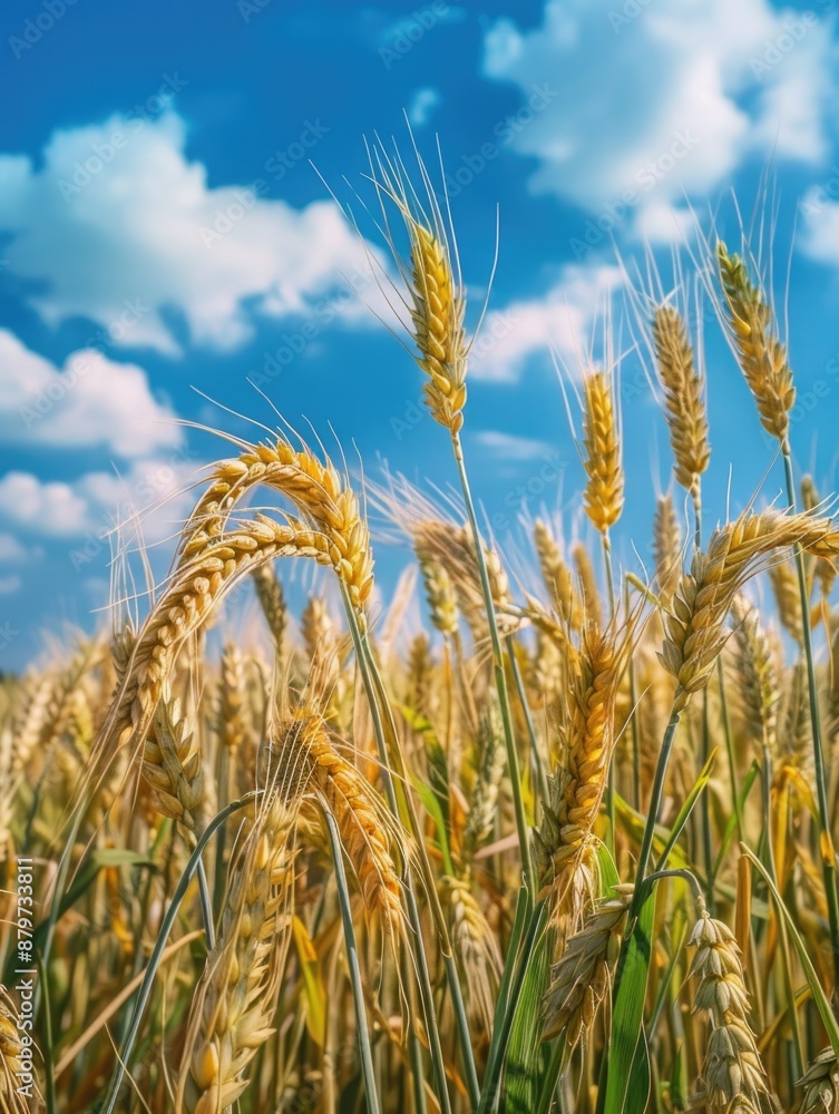 A field of wheat with a clear blue sky in the background, suitable for use in agriculture, countryside or nature scenes A field of wheat with a clear blue sky in the background, suitable for use in agriculture, countryside or nature scenes
