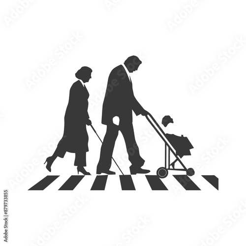 Silhouette Family Crossing: Blind Woman, Father, Baby Stroller