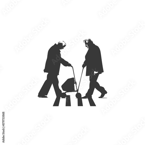 Silhouette of Elderly Couple Crossing Pedestrian Crossing with Walking Sticks